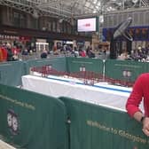 Michael Dineen with his Forth Bridge Lego model at Glasgow's Central Station where he was filmed for the BBC Scotland series 'Inside Central Station'.