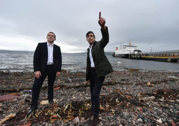 Chancellor Rishi Sunak and Leader of the Scottish Conservatives, Douglas Ross, on a recent visit to the Isle of Bute.
Photo: Jon Devlin