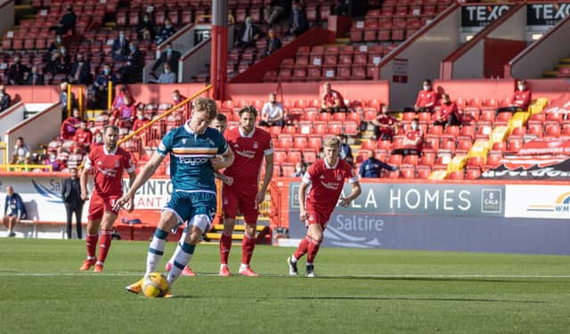 Motherwell's Mark O'Hara takes penalty during the Scottish Premiership game between Aberdeen and Motherwell, at Pittodrie Stadium, Aberdeen, Scotland, on Sunday 20th September 2020