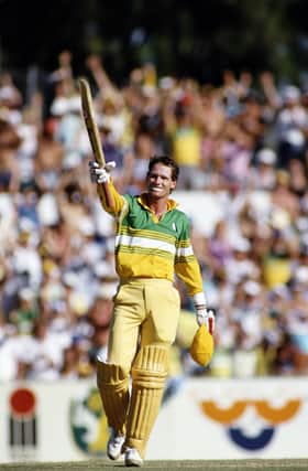 Dean Jones celebrates his One Day International century against Pakistan on January 2, 1987. (Photo by Adrian Murrell/Allsport/Getty Images/Hulton Archive)