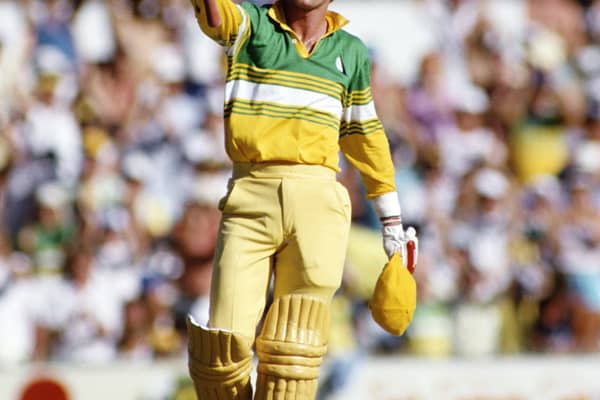 Dean Jones celebrates his One Day International century against Pakistan on January 2, 1987. (Photo by Adrian Murrell/Allsport/Getty Images/Hulton Archive)