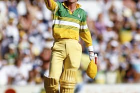 Dean Jones celebrates his One Day International century against Pakistan on January 2, 1987. (Photo by Adrian Murrell/Allsport/Getty Images/Hulton Archive)