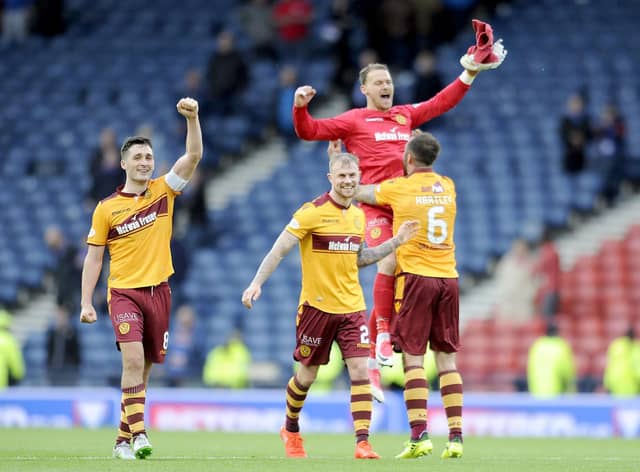 Motherwell goalkeeper Trevor Carson celebrates the Steelmen's last win over Rangers three years ago (Pic by Ian McFadyen)