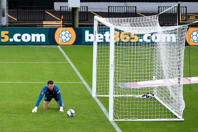Mark Gillespie reacting after conceding the first goal in last night's game between Newport County and Newcastle United. (Photo by Peter Byrne/pool/Getty Images)