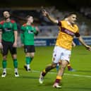 Tony Watt celebrates after scoring ’Well’s fourth goal in the 5-1 Fir Park thrashing of Northern Irish side Glentoran in the Europa League qualifiers (Pic by Ian McFadyen)