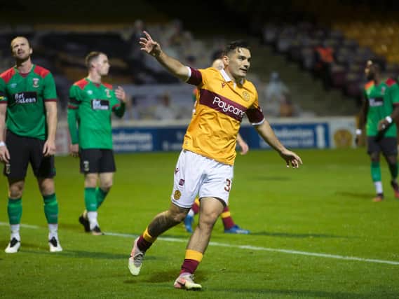 Tony Watt celebrates after scoring ’Well’s fourth goal in the 5-1 Fir Park thrashing of Northern Irish side Glentoran in the Europa League qualifiers (Pic by Ian McFadyen)