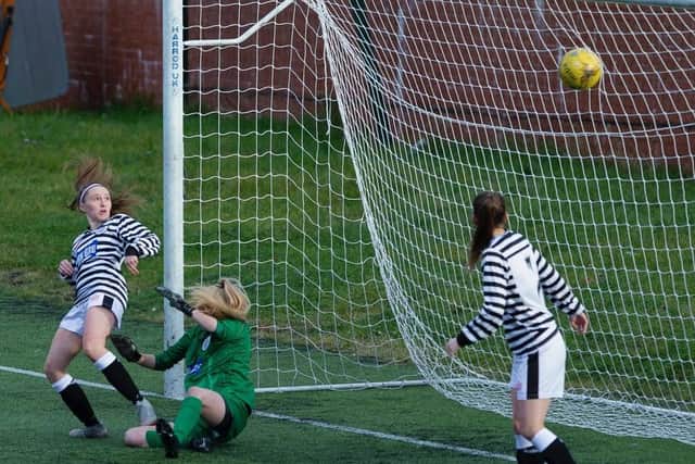 The Queen's Park defence can't prevent Thistle’s Demi-Lee Falconer's effort making the score 3-0 to Partick Thistle. (Photo: Ian Cairns)