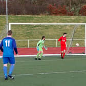 Eddie Haley heads Carluke Rovers’ second goal in their 3-1 home win over Wishaw back in January when the sides were still in the junior ranks (Pic by Kevin Ramage)
