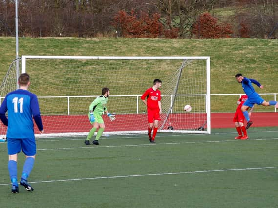 Eddie Haley heads Carluke Rovers’ second goal in their 3-1 home win over Wishaw back in January when the sides were still in the junior ranks (Pic by Kevin Ramage)