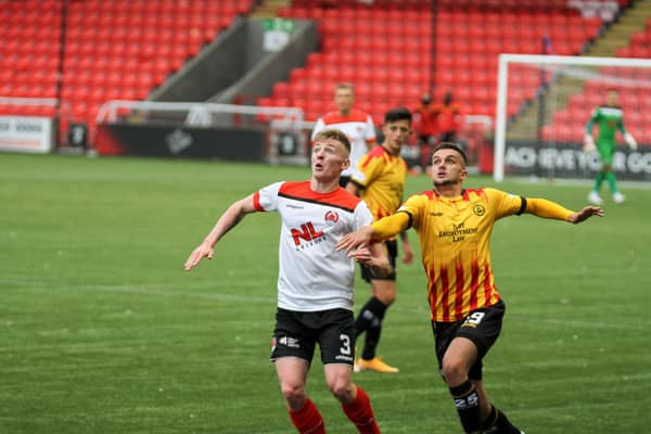 Clyde's Matthew Shiels battles for possession with ex-Kilsyth Rangers striker Salim Kouider-Aissa (pic: CraigBlackPhotography.com)