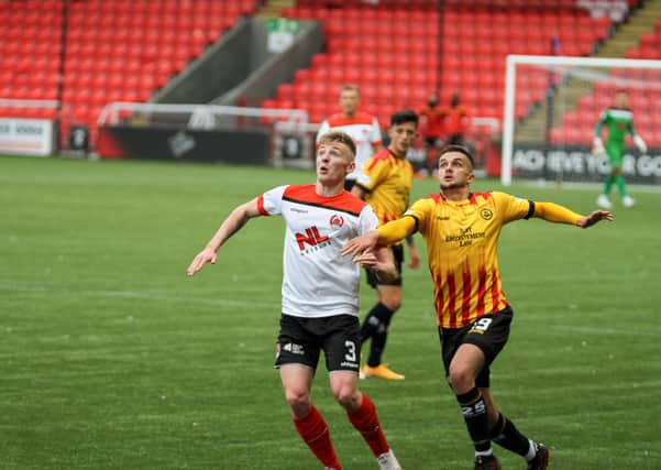 Clyde's Matthew Shiels battles for possession with ex-Kilsyth Rangers striker Salim Kouider-Aissa (pic: CraigBlackPhotography.com)