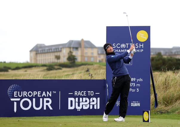 Ewen Ferguson plays his shot off the 11th tee during day two of the Scottish Championship presented by AXA at Fairmont St Andrews on October 16, 2020 in St Andrews, Scotland. (Photo by Richard Heathcote/Getty Images)