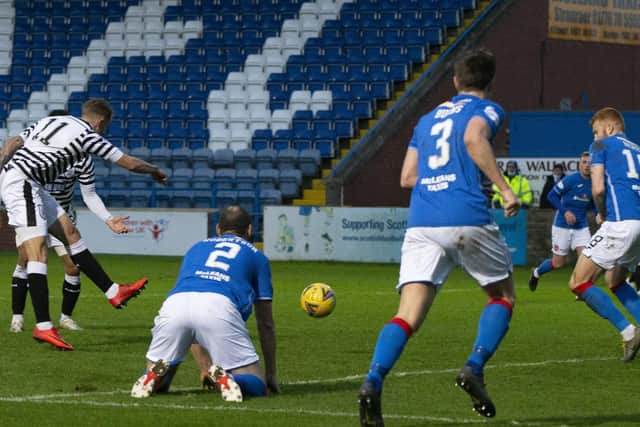 Queen’s Park’s Ross MacLean fires home the winner late in the second half. (photo: Ian Cairns)
