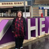Kirsten passing Nonna Gina’s restaurant, Ayr Road, Newton Mearns