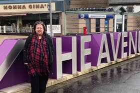 Kirsten passing Nonna Gina’s restaurant, Ayr Road, Newton Mearns