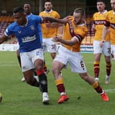 Alfredo Morelos of Rangers vies with Allan Campbell of Motherwell for the ball during their sides' Ladbrokes Scottish Premiership match at Fir Park on January 17. (Photo by Ian MacNicol/Getty Images)