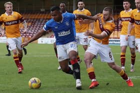 Alfredo Morelos of Rangers vies with Allan Campbell of Motherwell for the ball during their sides' Ladbrokes Scottish Premiership match at Fir Park on January 17. (Photo by Ian MacNicol/Getty Images)