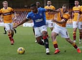 Alfredo Morelos of Rangers vies with Allan Campbell of Motherwell for the ball during their sides' Ladbrokes Scottish Premiership match at Fir Park on January 17. (Photo by Ian MacNicol/Getty Images)