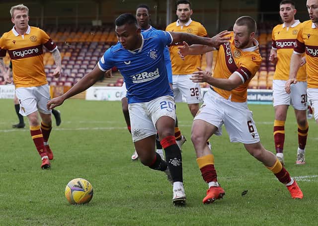 Alfredo Morelos of Rangers vies with Allan Campbell of Motherwell for the ball during their sides' Ladbrokes Scottish Premiership match at Fir Park on January 17. (Photo by Ian MacNicol/Getty Images)