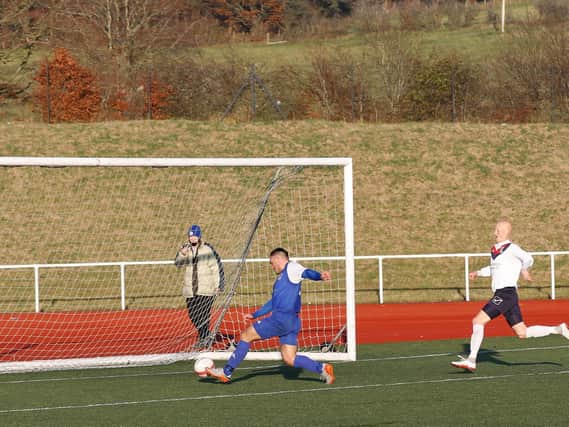 Carluke Rovers ace Eddie Haley scores his third against Vale of Leven (Pic by Kevin Ramage)