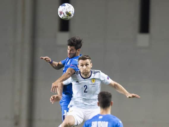 Stephen O'Donnell contests an aerial duel in Israel (Pic courtesy of Getty Images)