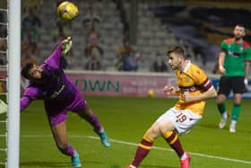 Liam Polworth scores for ’Well against Glentoran in a Europa League tie on August 27 (Pic by Ian McFadyen)