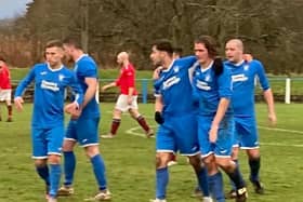 Lanark United players celebrate scoring against Glasgow Perthshire on Saturday (Pic courtesy of Lanark United)