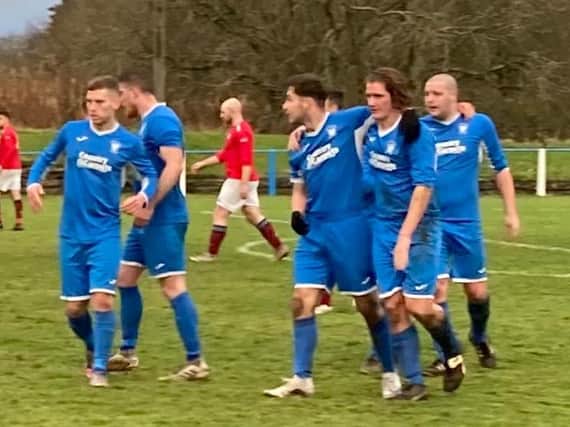 Lanark United players celebrate scoring against Glasgow Perthshire on Saturday (Pic courtesy of Lanark United)