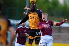 Man of many clubs Christian Nade playing for Annan against Stenhousemuir in May 2019 (Pic by Michael Gillen)
