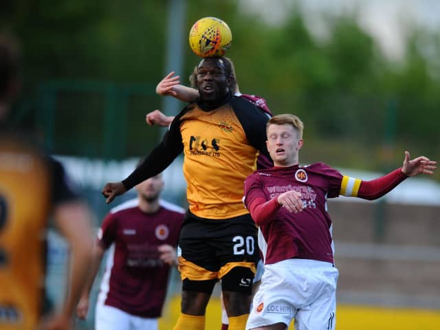 Man of many clubs Christian Nade playing for Annan against Stenhousemuir in May 2019 (Pic by Michael Gillen)