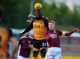 Man of many clubs Christian Nade playing for Annan against Stenhousemuir in May 2019 (Pic by Michael Gillen)