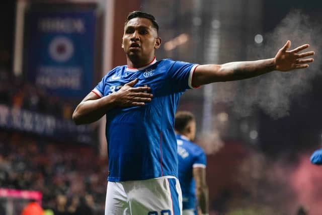 Alfredo Morelos celebrates after scoring Rangers' third in the 3-2 win over Hibs at Ibrox. (Photo by Craig Foy / SNS Group)
