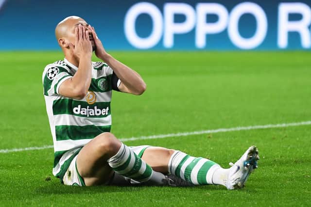 Celtic’s Daizen Maeda has head in hands after passing up an early chance in the 2-0 defeat to RB Leipzig - one of the dozens spurned by the club to cause their Champions League campaign to crumble. (Photo by Craig Foy / SNS Group)
