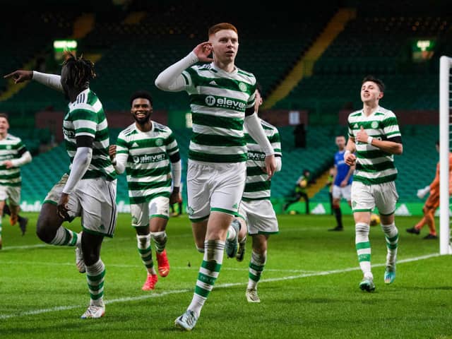 Celtic's Joey Dawson celebrates after making it 5-2 over Rangers in the B team derby at Celtic Park. (Photo by Craig Foy / SNS Group)