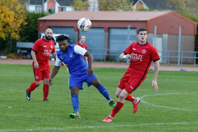 Penalty for handball was awarded against Rovers Maxime Neossi, wearing blue (Library pic by Kevin Ramage)