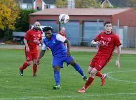 Penalty for handball was awarded against Rovers Maxime Neossi, wearing blue (Library pic by Kevin Ramage)