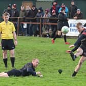 Andrew Jardine scored two early tries for Biggar and kicked some great conversions in very difficult conditions (Pic by Nigel Pacey)