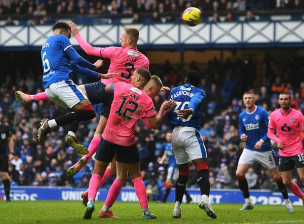 Rangers' Connor Goldson scores to make it 1-0 to Rangers against Raith Rovers (Photo by Craig Foy/SNS Group)