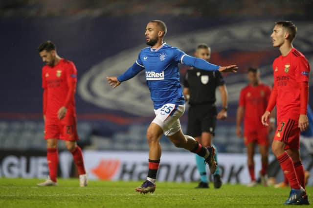 Kemar Roofe celebrates his goal in Rangers' 2-2 draw against Benfica at Ibrox in the Europa League on Thursday night. (Photo by Ian MacNicol/Getty Images)