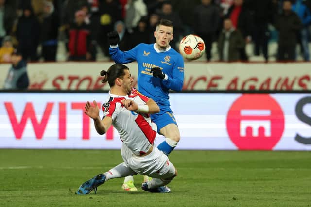 Ryan Kent's shot is deflected off Aleksandar Dragovic to draw Rangers level at 1-1 in the 56th minute of their Europa League match against Red Star Belgrade in Serbia. (Photo by Srdjan Stevanovic/Getty Images)
