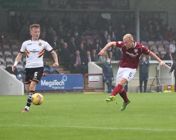 Nicky Low scores Arbroath's third against Partick Thistle (pic: Graham H Black)