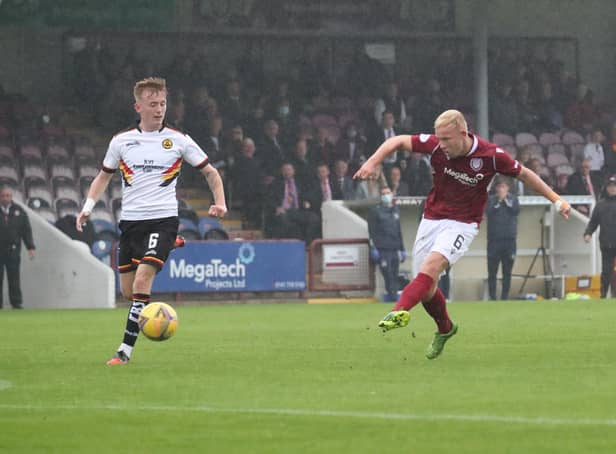 Nicky Low scores Arbroath's third against Partick Thistle (pic: Graham H Black)