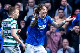 Rangers' Fabio Silva claims for a penalty, which was eventually awarded after a VAR review. 
