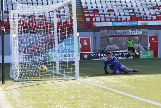 Mark O'Hara's shot nestles in the Accies net with keeper Kyle Gourlay beaten (Pic by Ian McFadyen)