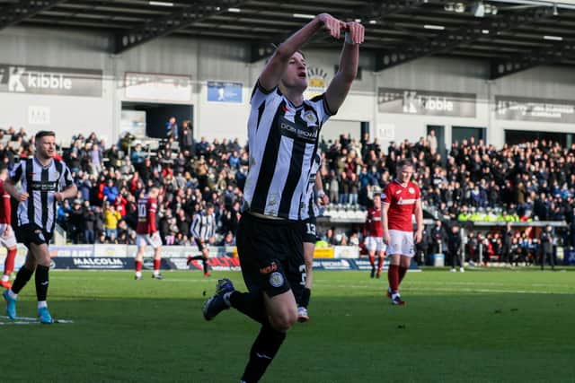 St Mirren's Alex Greive celebrates making it 1-0 over Kelty Hearts at SMiSA Stadium. (Photo by Alan Harvey / SNS Group)