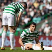 Celtic's Giorgos Giakoumakis suffers an injury during a cinch Premiership match between Celtic and St Johnstone at Celtic Park, on April 09, 2022, in Glasgow, Scotland. (Photo by Craig Williamson / SNS Group)