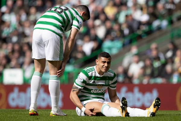 Celtic's Giorgos Giakoumakis suffers an injury during a cinch Premiership match between Celtic and St Johnstone at Celtic Park, on April 09, 2022, in Glasgow, Scotland. (Photo by Craig Williamson / SNS Group)