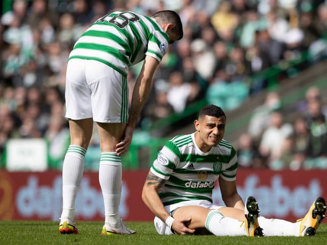 Celtic's Giorgos Giakoumakis suffers an injury during a cinch Premiership match between Celtic and St Johnstone at Celtic Park, on April 09, 2022, in Glasgow, Scotland. (Photo by Craig Williamson / SNS Group)