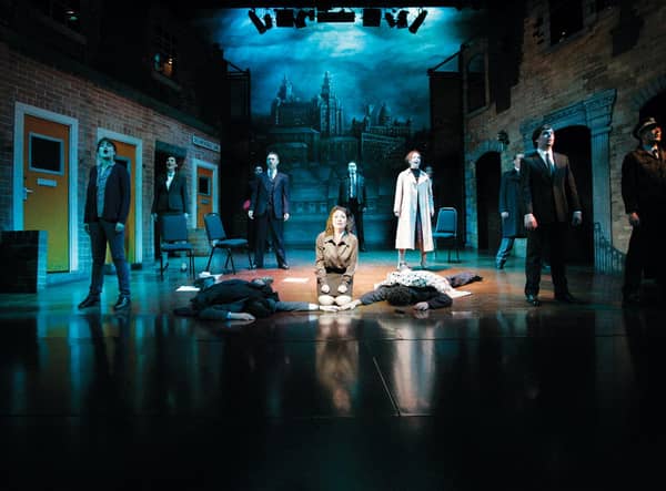 Niki Colwell-Evans as Mrs Johnstone with the Blood Brothers cast (photo: Bill Kenwright Productions Ltd)