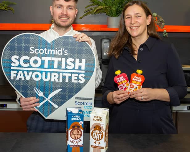 (Pictured: Scotmid’s Steve Addison with Three Robin’s founder Karen Robinson)